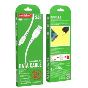 Кабель Smartbuy S40, USB - Type-C, 3A output, 1м, белый 376309