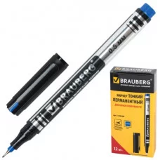 Маркер перманентный (нестираемый) BRAUBERG "Jet", супертонкий метал. наконечник 0,5мм, синий, 150508