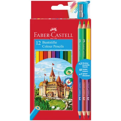 Карандаши Faber-Castell "Замок", 18цв., 12+3шт., заточен. с точилкой Faber-Castell 077521