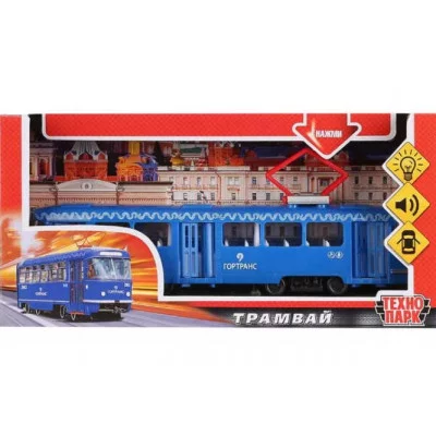 Машина на бат свет+звук Трамвай пластик 24см,открыв.двери CT12-428-2-BL