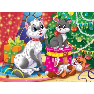 МОЗАИКА ИЗ СТРАЗ. КОШКА С КОТЯТАМИ У ЁЛКИ (Арт. М-1272)