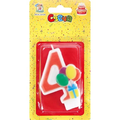 Свеча для торта Весёлый праздник красная Цифра 4 С-5918