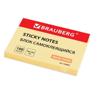 Блок самоклеящийся стикеры BRAUBERG, ПАСТЕЛЬНЫЙ, 76х102 мм, 100 листов, желтый, 122691