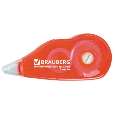 Корректирующая лента BRAUBERG, 5 ммх6 м, корпус красный, с подкручиванием, блистер, 226809