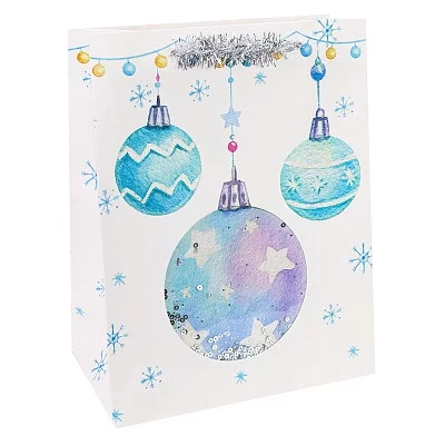 Dream cards Пакет подарочный с мат.лам., глиттером и мишурой 26 х 32 х 10 см (L) Новогодние шарики, 210 г ПКП-3789