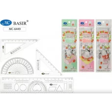 Набор линеек 4 предмета пластиковые, прозрачные 2 треугольника, транспортир, линейка с трафаретом МС-6449