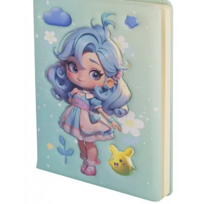 Подарочный блокнот 14,0 см * 21,0 см , 7БЦ, Alingar, PU, поролон, конгрев, эффект 3D, 80л., линия, "Модная малышка", голубой AL11673