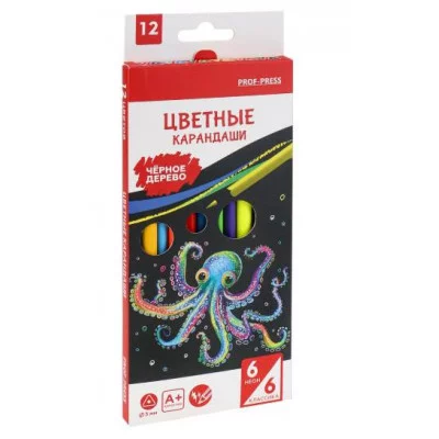 Карандаши цв. НЕОНОВЫЙ ОСЬМИНОГ, неоновые и классич (КЦ-3876),трехгран.наб12 цв,d=3мм,2М, КЦ-3876