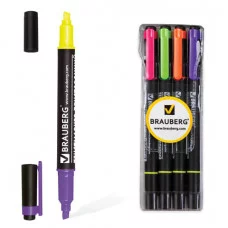 Текстмаркеры BRAUBERG двусторон, НАБОР 4 шт, скошен. нак. 1-4 мм, (лим-роз, зел, оранж, фиол),150845