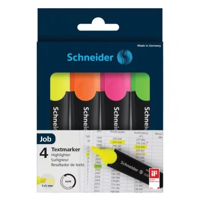 Набор текстовыделителей Schneider "Job" 04цв., 1-5мм, прозрачный чехол/картонная уп. 255704