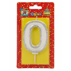 Свеча для торта с серебряной окантовкой (глиттер) Цифра 0 С-5954