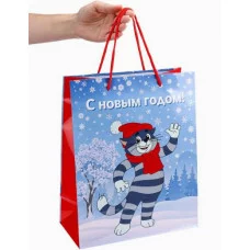 Пакет подар. с глянц.лам. 26.4*32.7*13.6см(L)"Новогодний котик" 157г Простоквашино ППК-2922