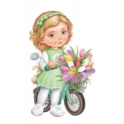 Плакат вырубной А3 И933 Империя Поздравлений Девочка с велосипелом и корзиной тюльпанов 59331
