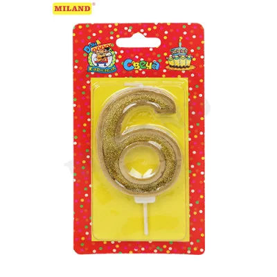 Свеча для торта Золотой глиттер с окантовкой Цифра 6 С-5980