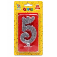 Свеча для торта Серебряный глиттер (большая) Цифра 5 С-1887