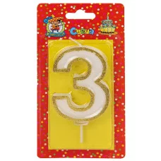 Свеча для торта с золотой окантовкой (глиттер) Цифра 3 С-5947