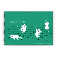 Тетрадь для нот А4, 24 л, обложка мелованный картон, горизонтальная, на гребне, BRAUBERG, "Котики", 404641