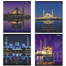 Тетрадь 36 л., А5, клетка, Alingar "Мечеть", скрепка, второй блок 60г/м2,  мелованный картон (стандарт), 4 дизайна в пленке т/у AL9915