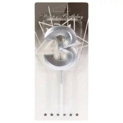 Свеча для торта Серебряный стиль Цифра 3 С-2975