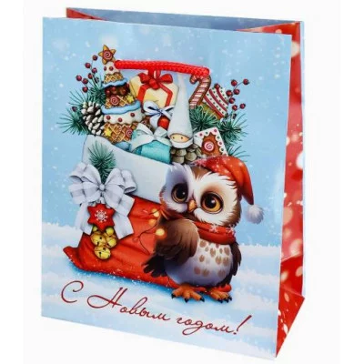 Optima Пакет подарочный с глянц.ламин. 11,5х14,5х6 см (S) Сова с подарками 128г ППК-2276