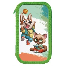 Пенал 2 секц. бол. Schoolformat ВЕСЕЛЫЕ ЗВЕРЯТА 190х105х35 картон, полиэстер молния зелен. 237032