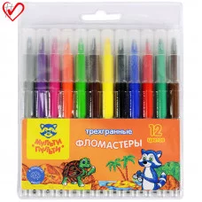 Фломастеры Мульти-Пульти "Енот на Сейшелах", 12цв., утолщ. пиш.узел, трехгранные, смываемые, блистер 240223