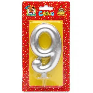 Свеча для торта Серебряный металлик (большая) Цифра 9 С-1881 466-5-305-41881-1