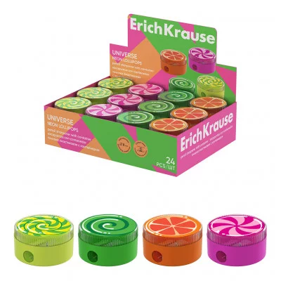 Точилка пластиковая ErichKrause Universe, Neon Lollipops, с контейнером, ассорти 60008
