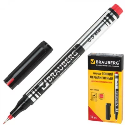 Маркер перманентный (нестираемый) BRAUBERG "Jet", супертонкий метал. наконеч. 0,5мм, красный, 150509