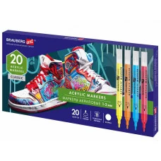 Маркеры акриловые для рисования и хобби, 20 ярких цветов, линия 1-2 мм, BRAUBERG ART CLASSIC, 152524
