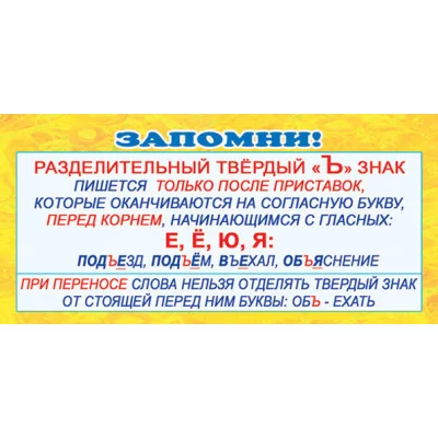 ШМ-3351 Карточка. Запомни! Разделительный Ъ знак (формат 61х131 мм) / Карточки для обучения Сфера (о) демонстрационные