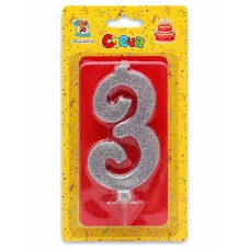 Свеча для торта Серебряный глиттер (большая) Цифра 3 С-1885