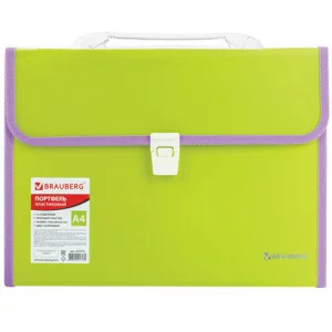 Портфель пластиковый BRAUBERG "Joy", А4 (330х245х35 мм), 13 отделений, с окантовкой, индексные ярлыки, салатовый, 227974