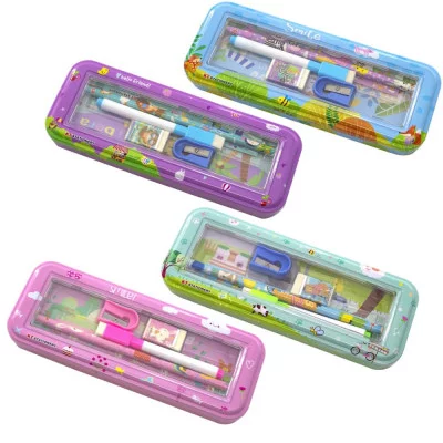 Пенал металлический 2 отделения Alingar, линейка 15 см, 1 ч/г каран, 1 точил, 1 ласт, 1 флом, 75 х 210 мм, ассорти AL8633