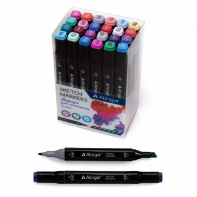 Набор двухсторонних скетчмаркеров  Alingar, 24 цвета, цветочные, пулевид./клиновид 1-6 мм, сечение корпуса квадрат, спирт. осн, ПВХ упаковка AL7494
