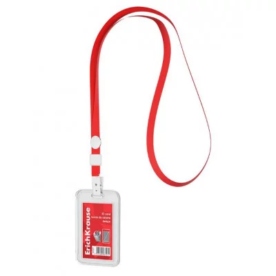 Бейдж вертикальный в комплекте с лентой ErichKrause книжка, размер вставки 54х85 мм, прозрачный, цвет ленты красный 63727