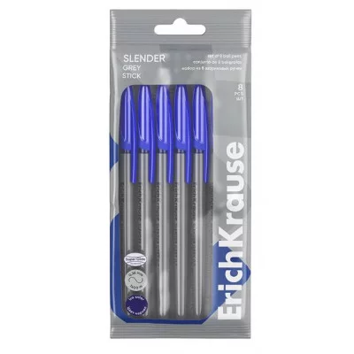 Набор из 8 ручек шариковых ErichKrause Slender Stick Grey 0.7, Super Glide Technology, цвет чернил синий  63679