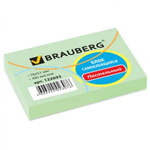 Блок самоклеящийся стикеры BRAUBERG, ПАСТЕЛЬНЫЙ, 76х51 мм, 100 листов, зеленый, 122693