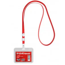 Бейдж горизонтальный в комплекте с лентой ErichKrause книжка, размер вставки 85х54 мм, прозрачный, цвет ленты красный 63724