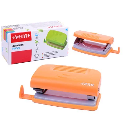 Дырокол "Neon" (10 листов) пластиковый с линейкой, в картонной коробке, неоновый оранжевый 4020326