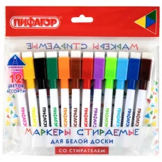 Маркеры стираемые 2 мм для белой доски и планера со стирателем НАБОР 12 ЦВЕТОВ, ПИФАГОР, 152565
