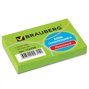 Блок самоклеящийся стикеры BRAUBERG, НЕОНОВЫЙ, 76х51 мм, 90 листов, зеленый, 122700