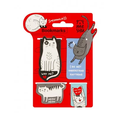 Закладки магнитные для книг, 4шт., MESHU "Funny cat", ламинация с блестками 365934