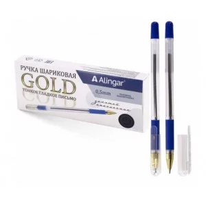 Ручка шариковая на масляной основе, Alingar "Gold", синяя, 0,5 мм, с золотым наконечником, резин. грип, шестигранный прозрачный корпус AL11419