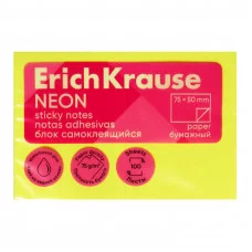 Блок самоклеящийся бумажный ErichKrause Neon, 75х50 мм, 100 листов, желтый 61687