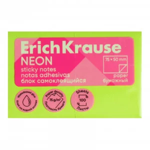 Блок самоклеящийся бумажный ErichKrause Neon, 75х50 мм, 100 листов, зеленый 61692