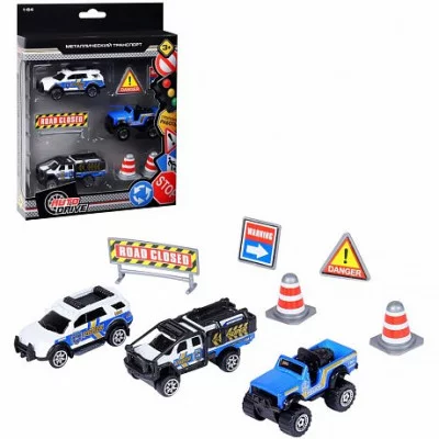 AUTODRIVE Набор металлических машинок, Полицейская техника 3шт с дорожными знаками (внедорожник, фургон, открытый внедорожник) в/к 23*17,5*4см. JB0403987