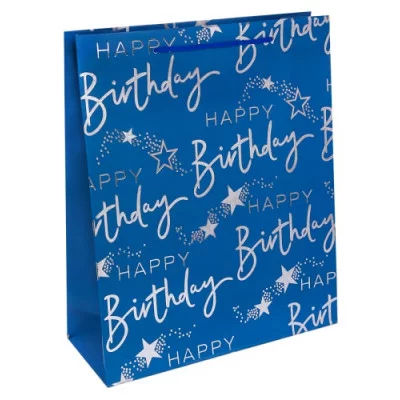 Dream cards Пакет подарочный с мат.лам. и тиснением фольгой 31х42х12см (XL) Счастливого дня рождения, голубой, 210 г ПКП-2617