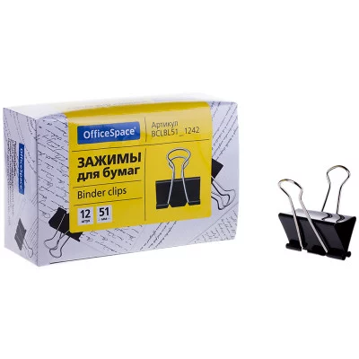 Зажимы для бумаг 51мм, OfficeSpace, 12шт., черные Спейс 178803