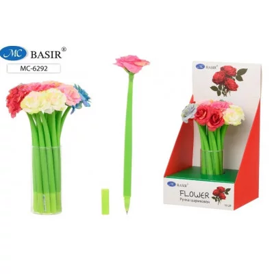 Шариковая ручка РОЗА прорезиненный корпус зелёного цвета, наконечник роза цвета в ассортименте МС-6292